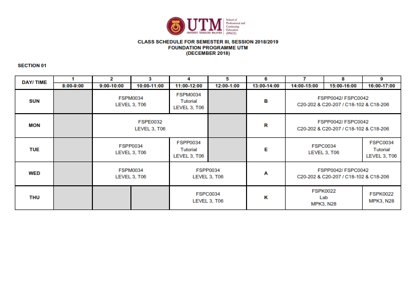Class Timetable for Semester III, Session 2018/2019