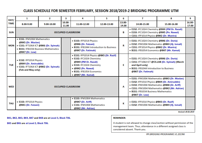 Class Timetable for Bridging (Faculty Foundation Programme) Semester II, Session 2018/2019