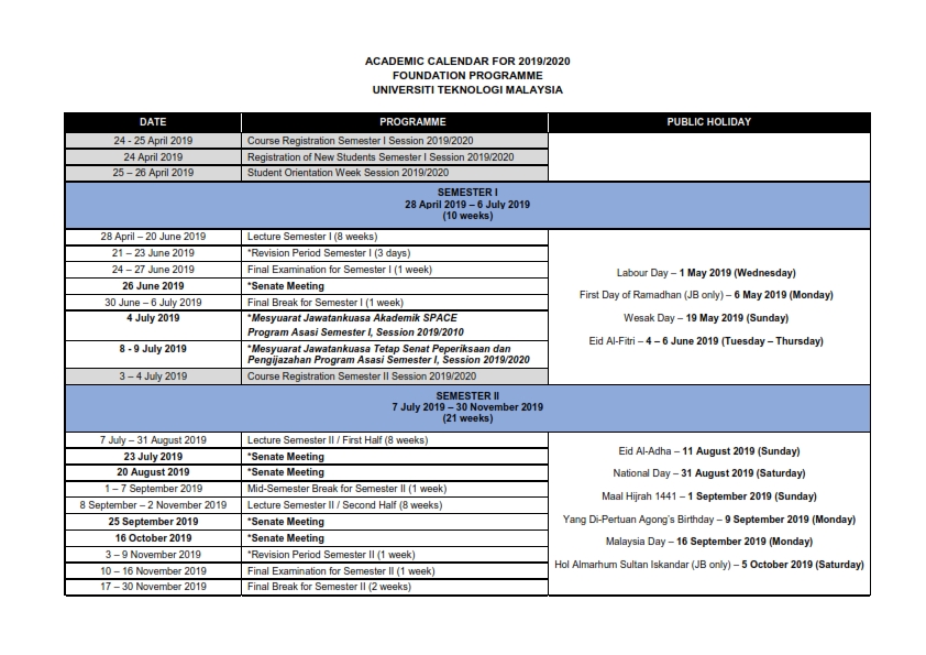 Academic Calendar For 2019/2020 (Foundation Programme UTM)