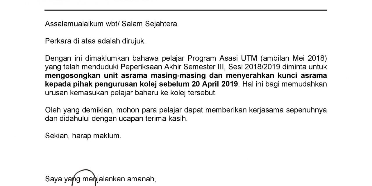 MEMO PENGOSONGAN BILIK DI KOLEJ DATIN SERI ENDON