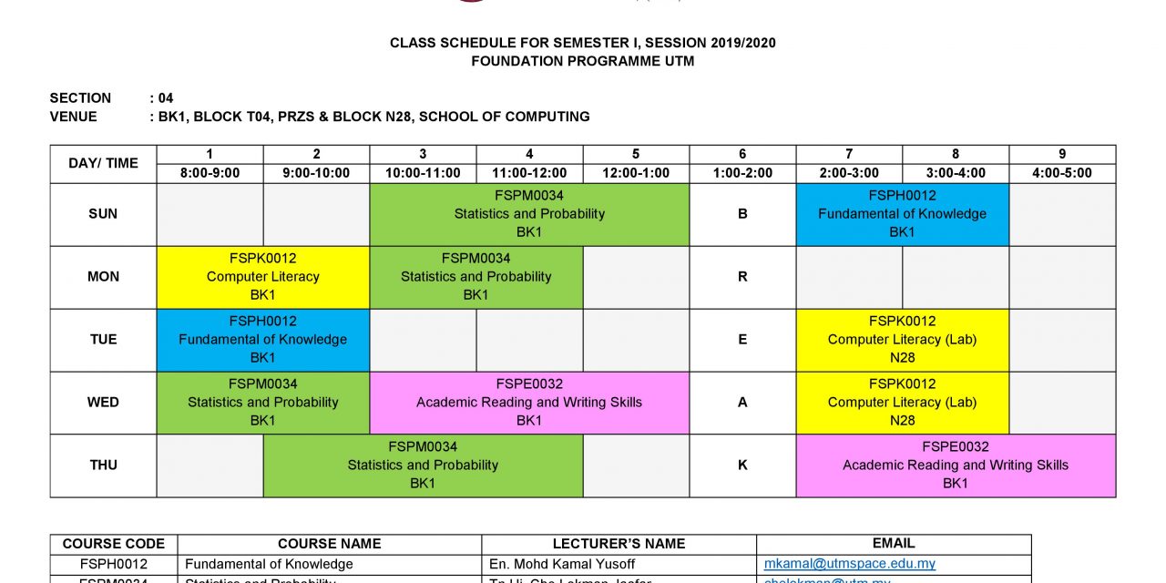 UPDATED: Class Timetable for Semester I, Session 2019/2020 (Senior Students)