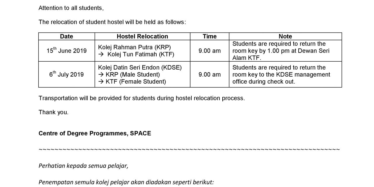 IMPORTANT: HOSTEL RELOCATION FOR UTM FOUNDATION STUDENTS