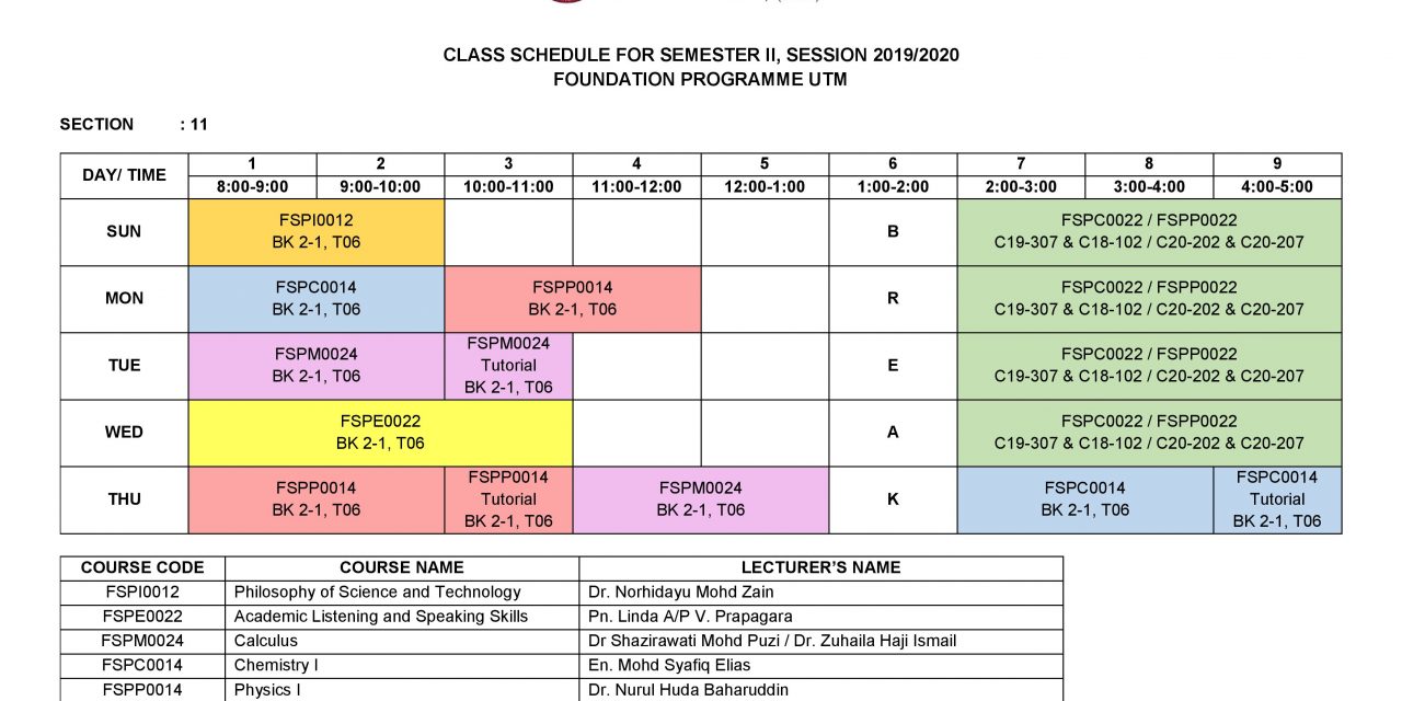 CLASS TIMETABLE FOR SEMESTER 2, SESSION 2019/2020