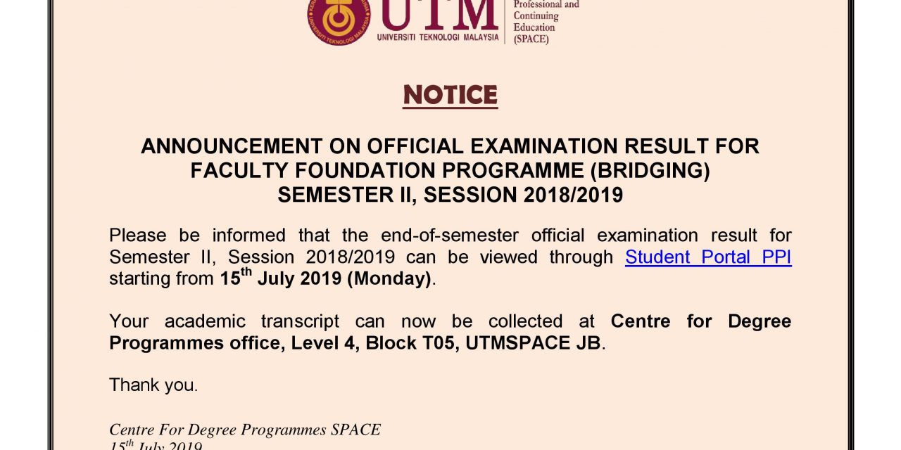 Protected: OFFICIAL EXAMINATION RESULT FOR FACULTY FOUNDATION PROGRAMME (BRIDGING), SEMESTER 2 SESSION 2018/2019