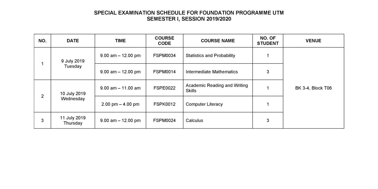 SPECIAL EXAMINATION TIMETABLE SEMESTER 1, SESSION 2019/2020