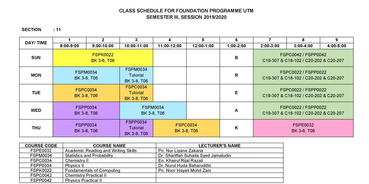 CLASS TIMETABLE FOR SEMESTER 3, SESSION 2019/2020 (FIRST 2 WEEKS)