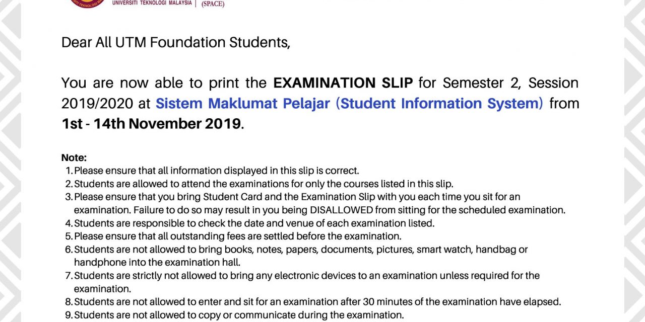 EXAMINATION SLIP FOR SEMESTER 2, 2019/2020