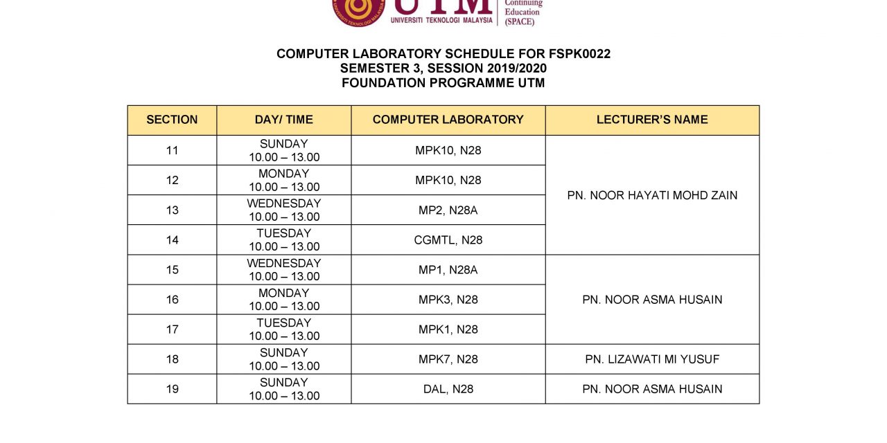 COMPUTER LABORATORY SCHEDULE FOR FSPK0022, SEMESTER 3 SESSION 2019/2020