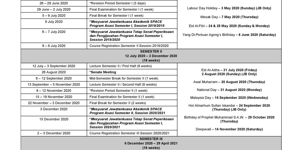 Academic Calendar For 2020/2021 (Foundation Programme UTM)