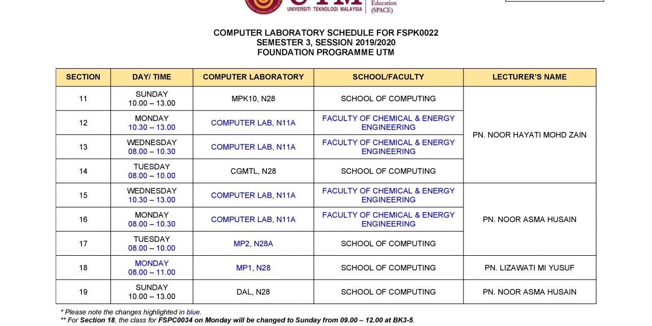 IMPORTANT NOTICE: CHANGE OF SCHEDULE FOR COMPUTER LAB (FSPK0022), SEMESTER 3, 2019/2020 FOUNDATION PROGRAMME UTM