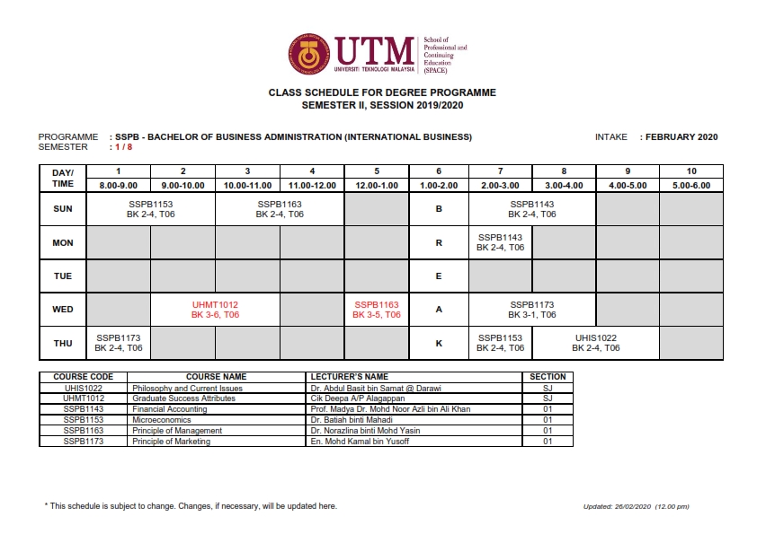 (Updated 26 Feb 2020) CLASS TIMETABLE FOR DEGREE PROGRAMMES, SEMESTER II SESSION 2019/2020