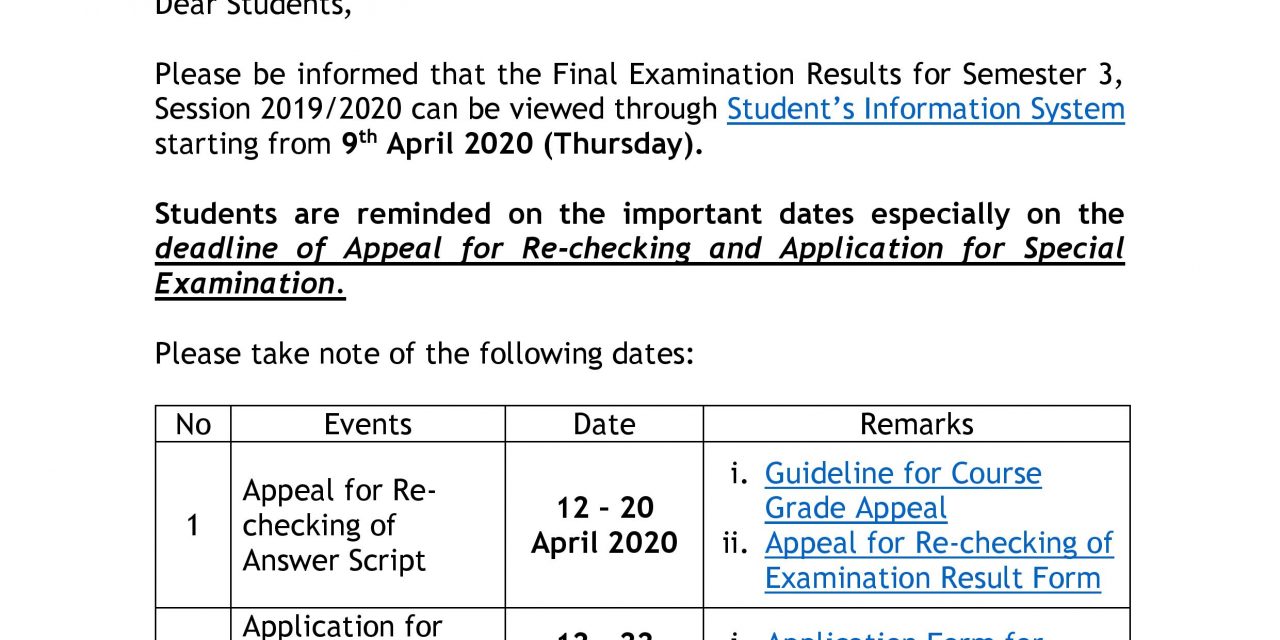 RELEASE OF EXAMINATION RESULT FOR TAKE HOME EXAM (THE), SEMESTER 3 SESSION 2019/2020