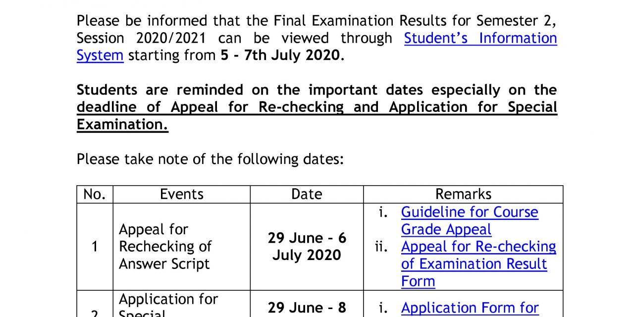 RELEASE OF EXAMINATION RESULT FOR open book EXAM, SEMESTER 1 SESSION 2020/2021