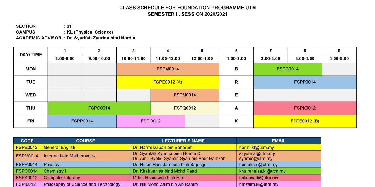 CLASS TIMETABLE BY SECTION FOR FOUNDATION PROGRAMME UTM, SEMESTER II SESSION 2021/2022