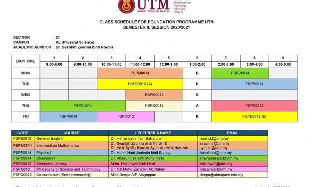 CLASS TIMETABLE BY SECTION FOR FOUNDATION PROGRAMME UTM, SEMESTER II SESSION 2021/2022