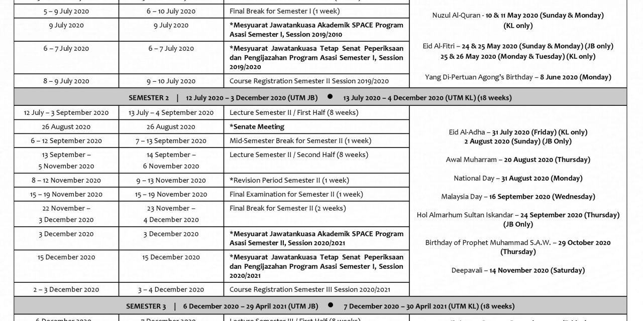 AMENDMENT: ACADEMIC CALENDAR FOR SESSION 2020/2021 FOUNDATION PROGRAMME UTM