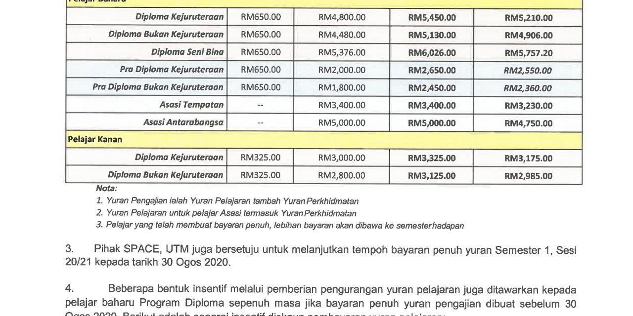 pengurangan yuran pelajaran bagi pelajar program asasi dan diploma sepenuh masa utm 17 ogos 2020