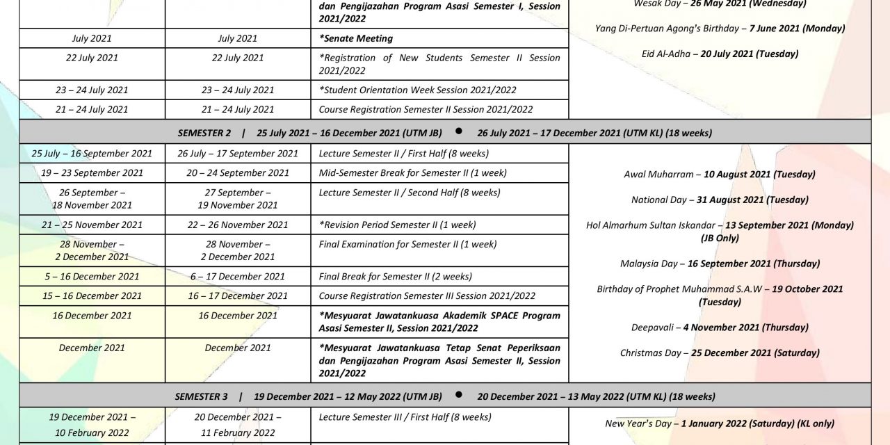 ACADEMIC CALENDAR FOR SESSION 2021/2022 foundation programme utm (SENATE APPROVAL – 24 feb 2021)