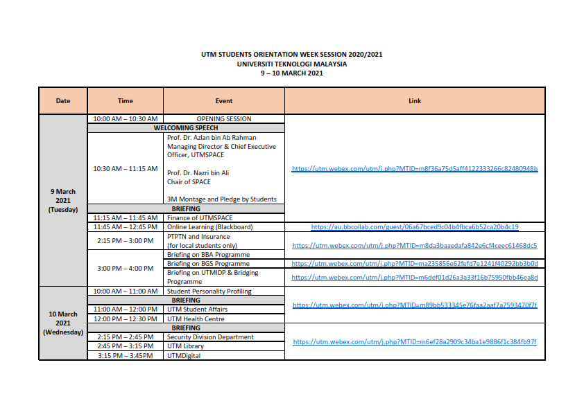 UTM STUDENTS ORIENTATION WEEK SESSION 2020/2021 (FOR NEW STUDENT ONLY) (degree programme)