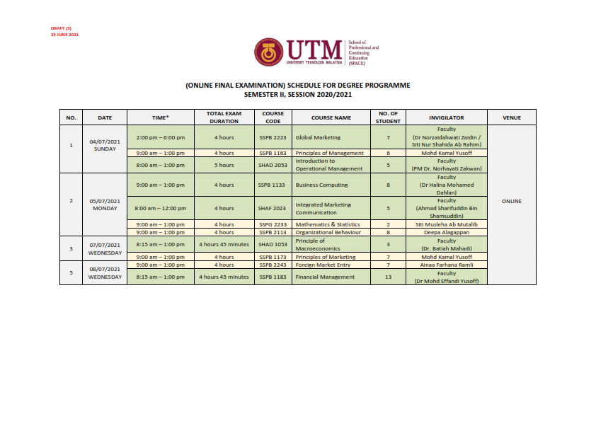 Final Examination Timetable for Semester 2, Session 2020/2021 (DEGREE SPACE) (UPDATED: 06.07.2021)