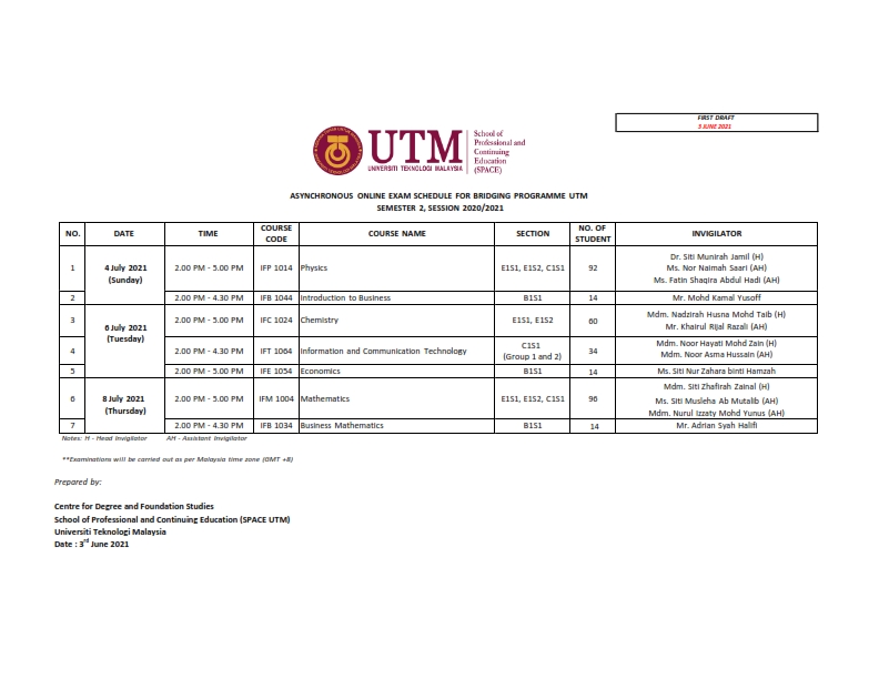 (UPDATED: 20.06.2021) FINAL DRAFT – ASYNCHRONOUS ONLINE exam SCHEDULE for BRIDGING PROGRAMME UTM (semester 2, session 2020/2021)