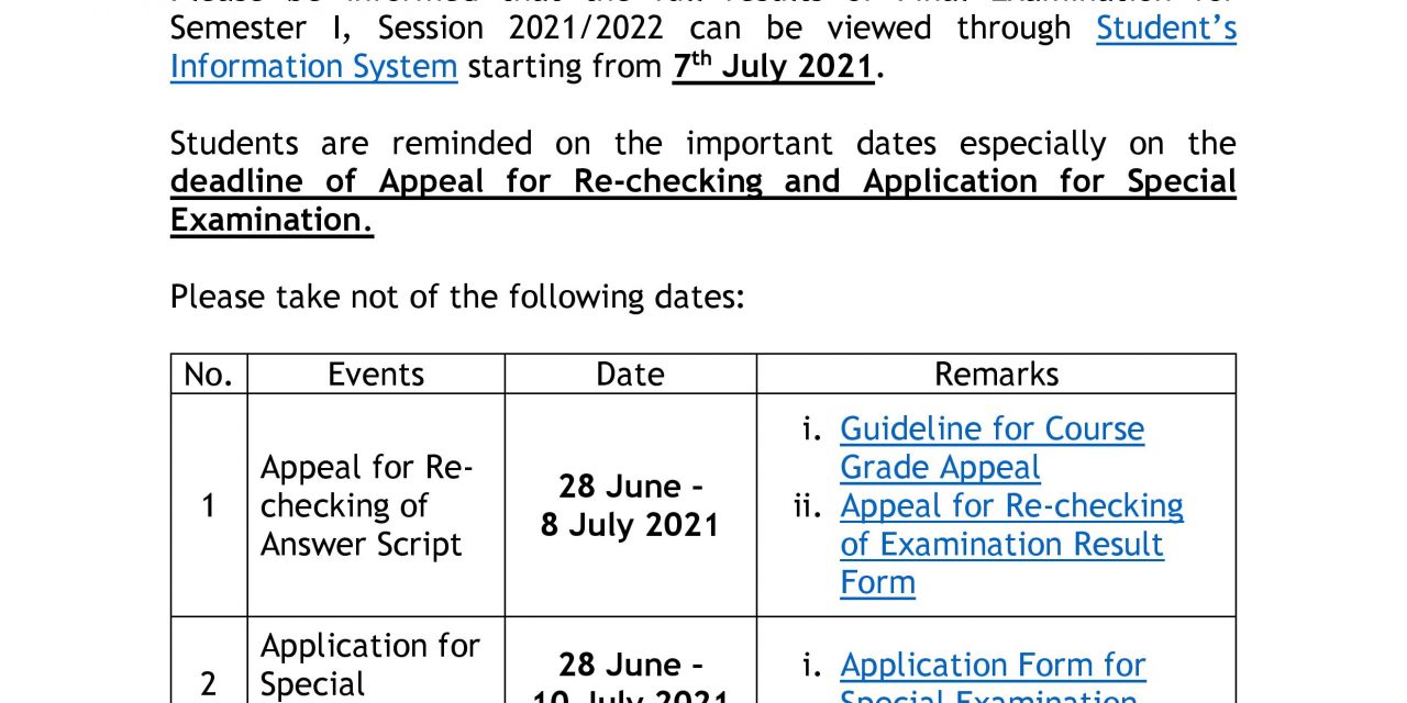 RELEASE OF EXAMINATION RESULT, foundation programme utm for SEMESTER 1 SESSION 2021/2022