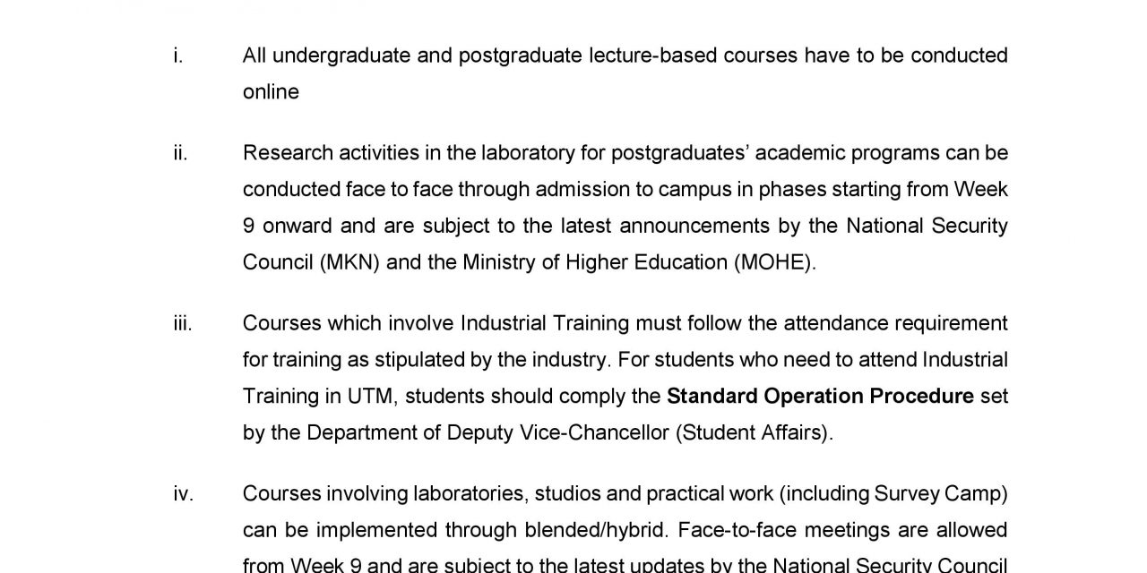 ACADEMIC CIRCULAR NO. 5/2021 – TEACHING AND LEARNING METHODS FOR SEMESTER 1, SESSION 2021/2022