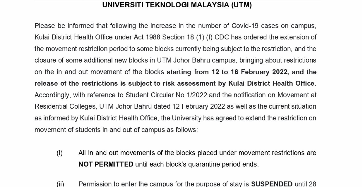 Student Circular No. 2/2022 : Student Movement Instructions Following the Covid-19 Situation