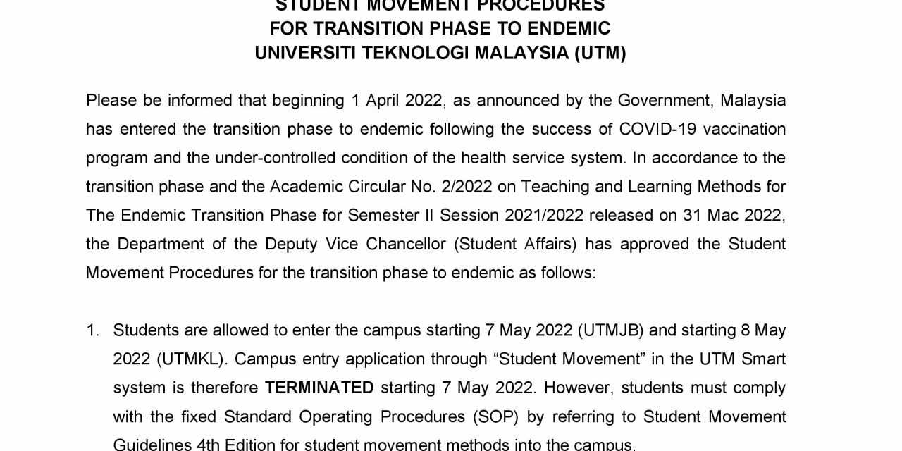 student circular no. 3/2022 : student movement procedures for transition phase to endemic