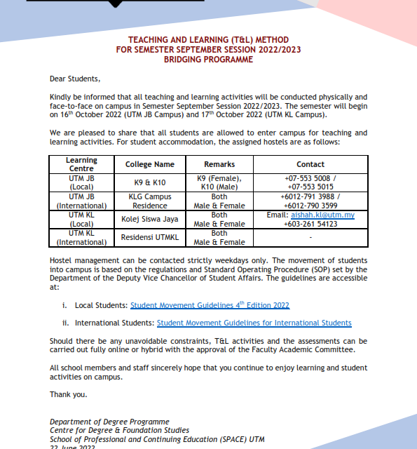 TEACHING AND LEARNING (T&L) METHOD FOR SEMESTER SEPTEMBER SESSION 2022/2023