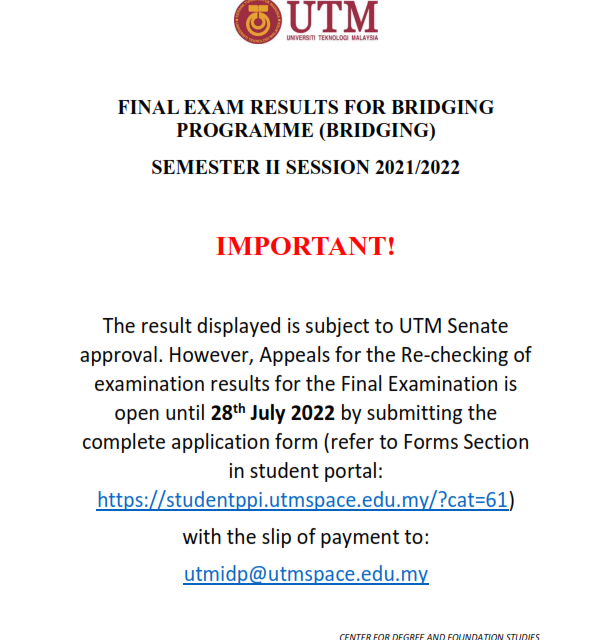 FINAL EXAM RESULTS FOR BRIDGING PROGRAMME SEMESTER II SESSION 2021/2022