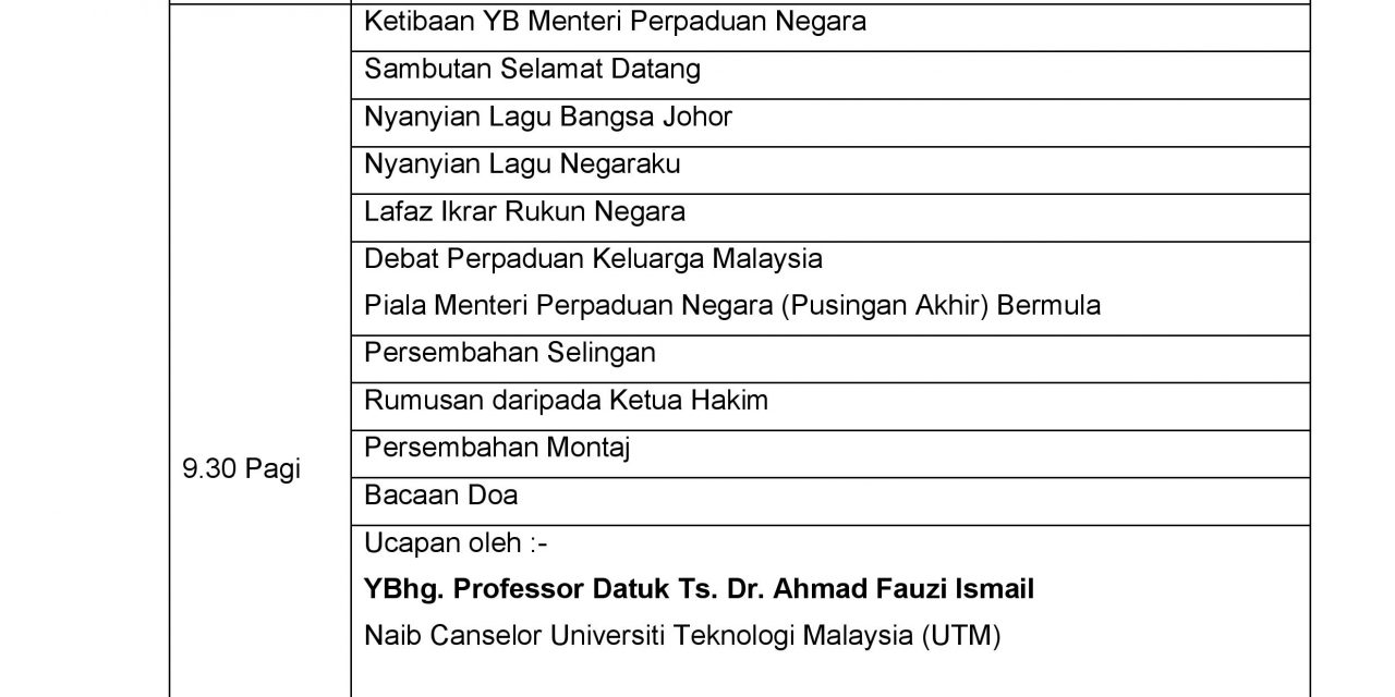 TENTATIF PUSINGAN AKHIR DAN MAJLIS PERASMIAN PENUTUP DEBAT PERPADUAN KELUARGA MALAYSIA, piala menteri perpaduan negara tahun 2022