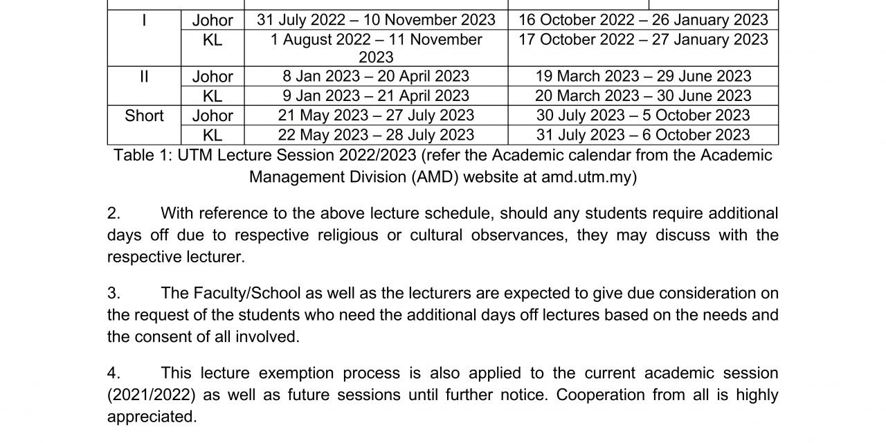 EXEMPTION FROM LECTURE DURING PUBLIC/FESTIVE HOLIDAYS