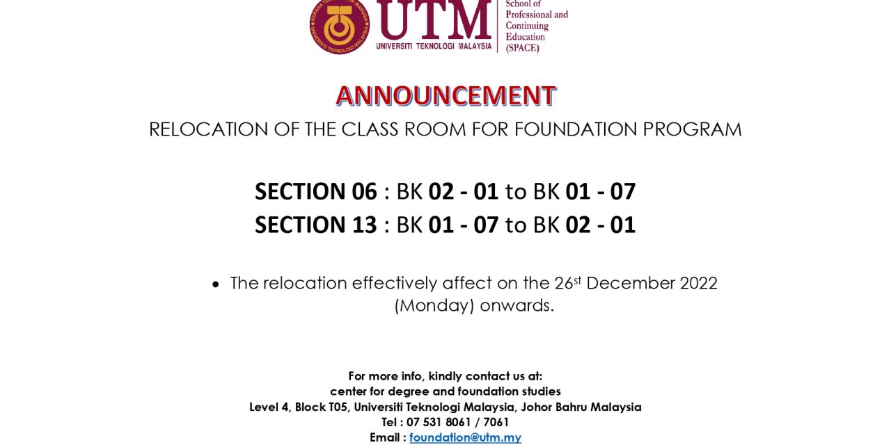 CLASSROOM RELOCATION (SECTION 06 & SECTION 13) DECEMBER INTAKE