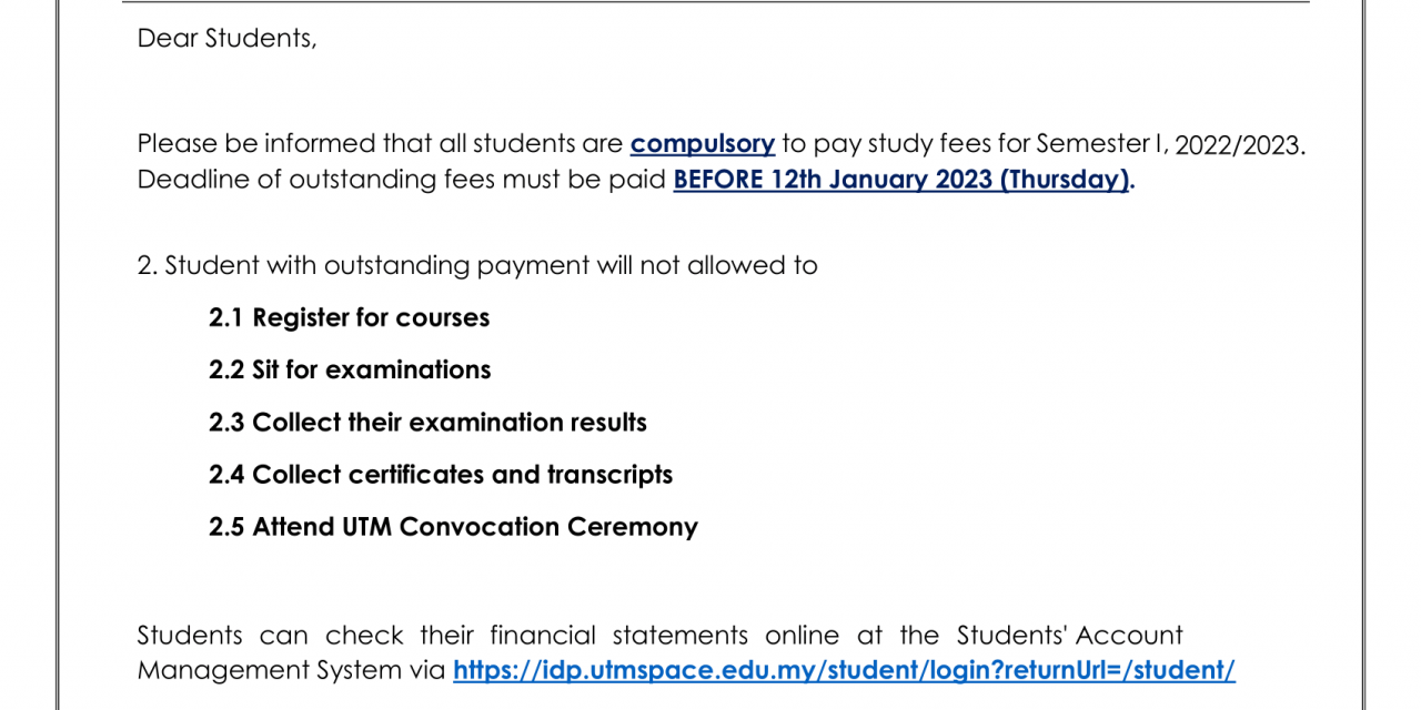 1ST REMINDER-DEADLINE FOR PAYMENT OUTSTANDING FEES