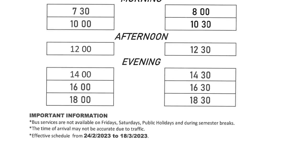 LATEST ON-CAMPUS SHUTTLE BUS SCHEDULE AT UTM JOHOR BAHRU