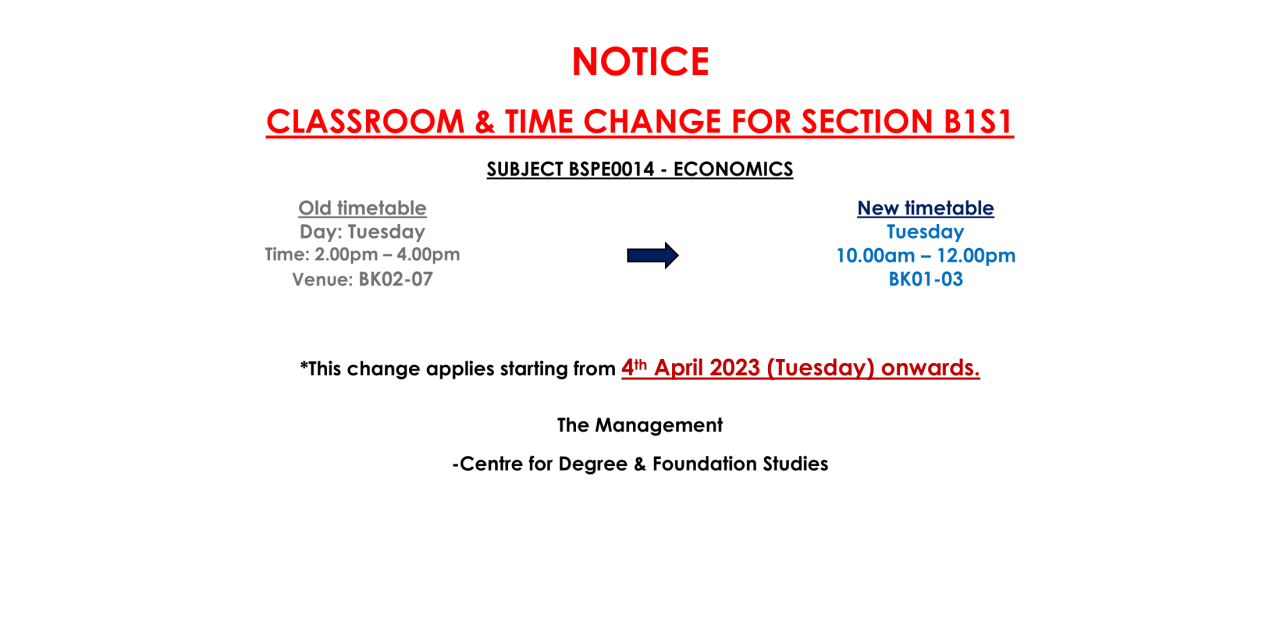 NOTICE: CLASSROOM & TIME CHANGE FOR SECTION B1S1