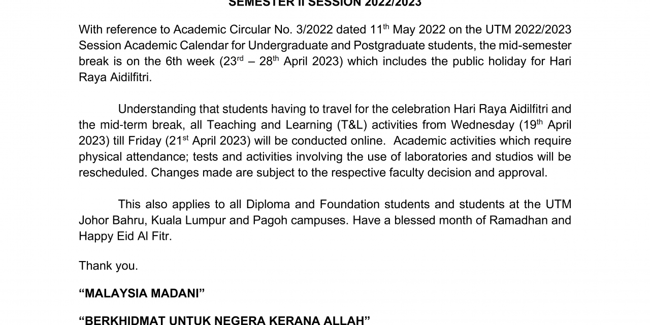 CHANGES IN TEACHING AND LEARNING METHODS (T&L) ON THE 5TH  WEEK OF SEMESTER II SESSION 2022/2023