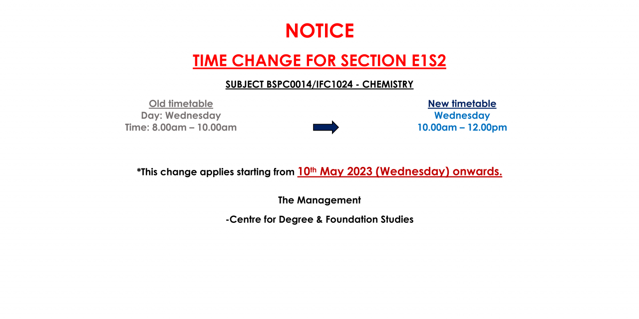 TIME CHANGE FOR SECTION E1S2 (SUBJECT BSPC0014/IFC1024 – CHEMISTRY)