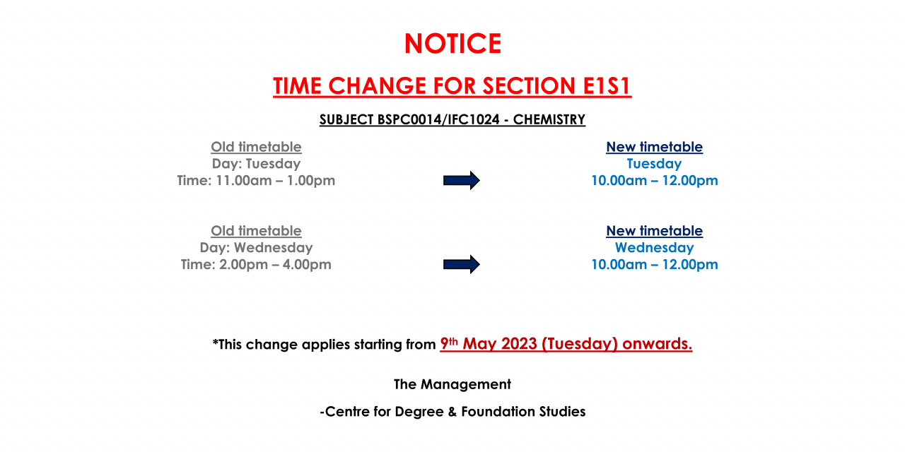 TIME CHANGE FOR SECTION E1S1 (SUBJECT BSPC0014/IFC1024 – CHEMISTRY)