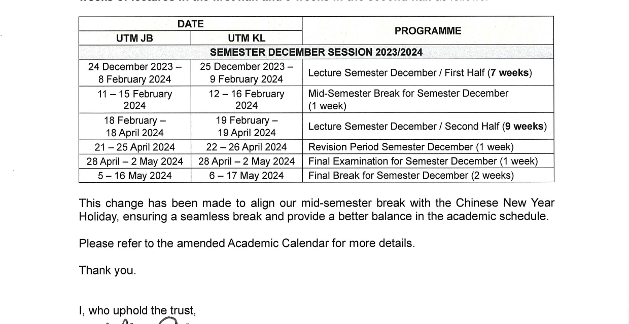 AMENDMENT OF ACADEMIC CALENDAR FOR SESSION 2023/2024 FOUNDATION PROGRAMME