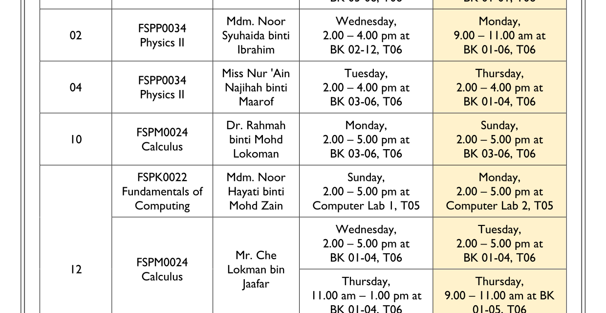 [ANNOUNCEMENT] CHANGE OF SCHEDULE FOR SECTIONS 01, 02, 04, 10 & 12