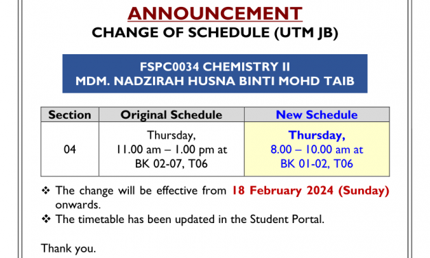 [ANNOUNCEMENT] CHANGE OF SCHEDULE FOR FSPC0034 SECTION 04 (MDM. NADZIRAH HUSNA MOHD TAIB)