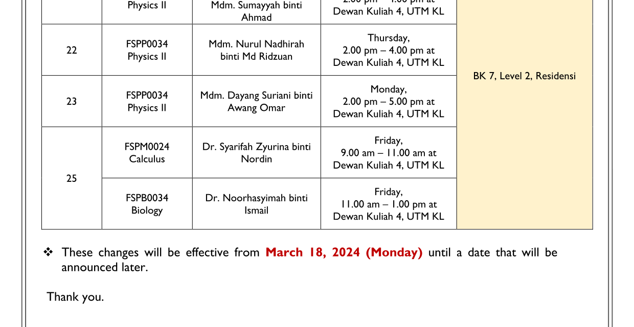 [ANNOUNCEMENT] RELOCATION OF THE CLASSROOM FOR UTM KL (18 MARCH 2024)