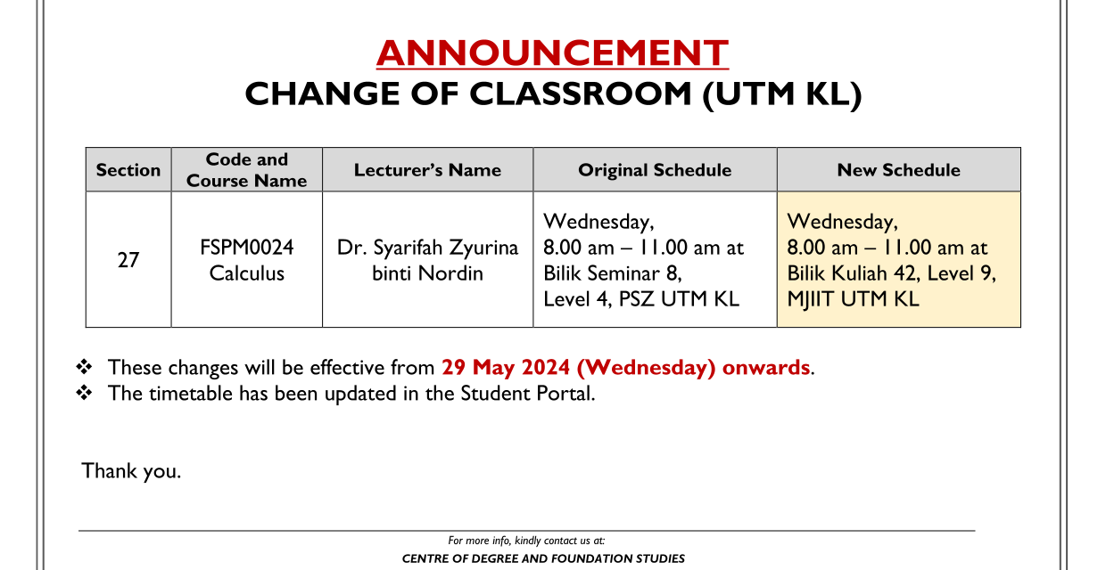 [ANNOUNCEMENT] CHANGE OF TIMETABLE FOR UTM KL (SECTION 27)