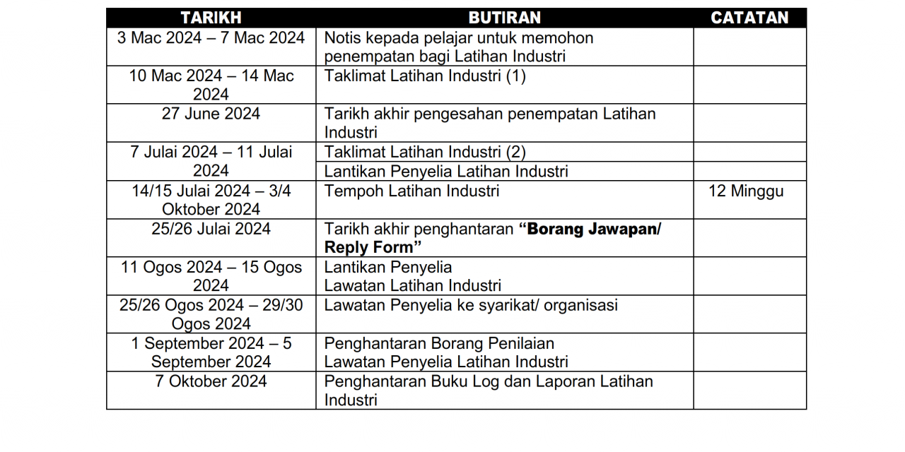 KALENDAR LATIHAN INDUSTRI SEM III 2023/2024