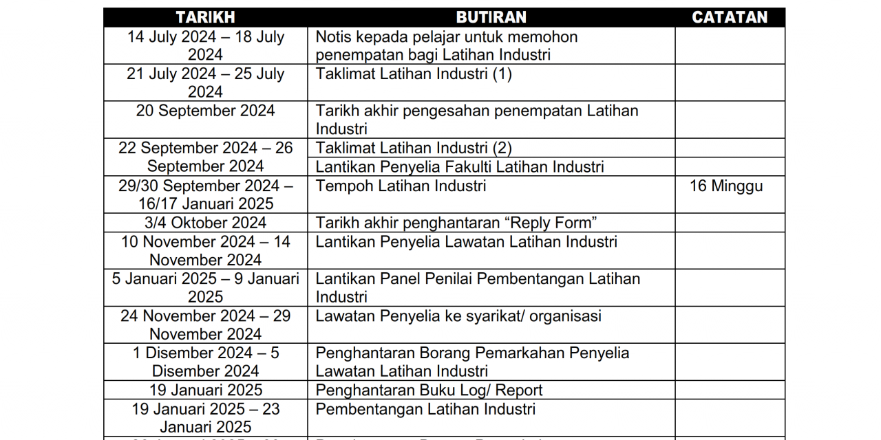 KALENDAR LATIHAN INDUSTRI SEM I 2024/2025