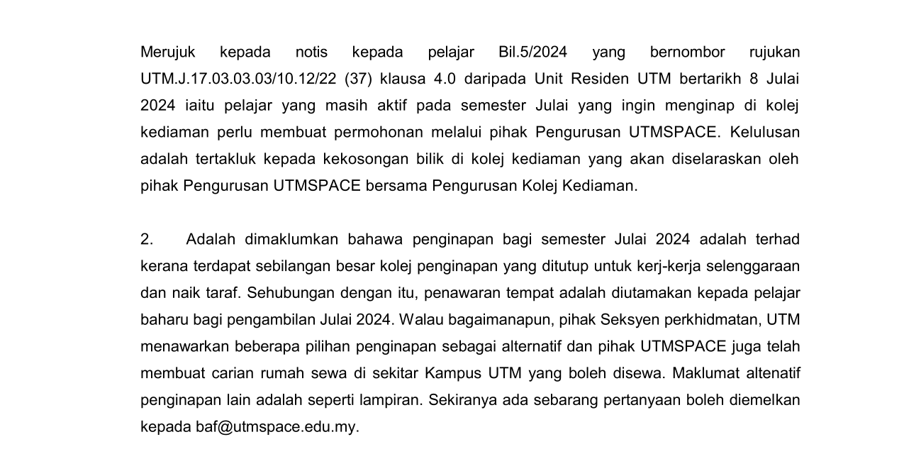 MEMO PEMAKLUMAN KETIDAKSEDIAAN PENGINAPAN ASRAMA BAGI PELAJAR KANAN