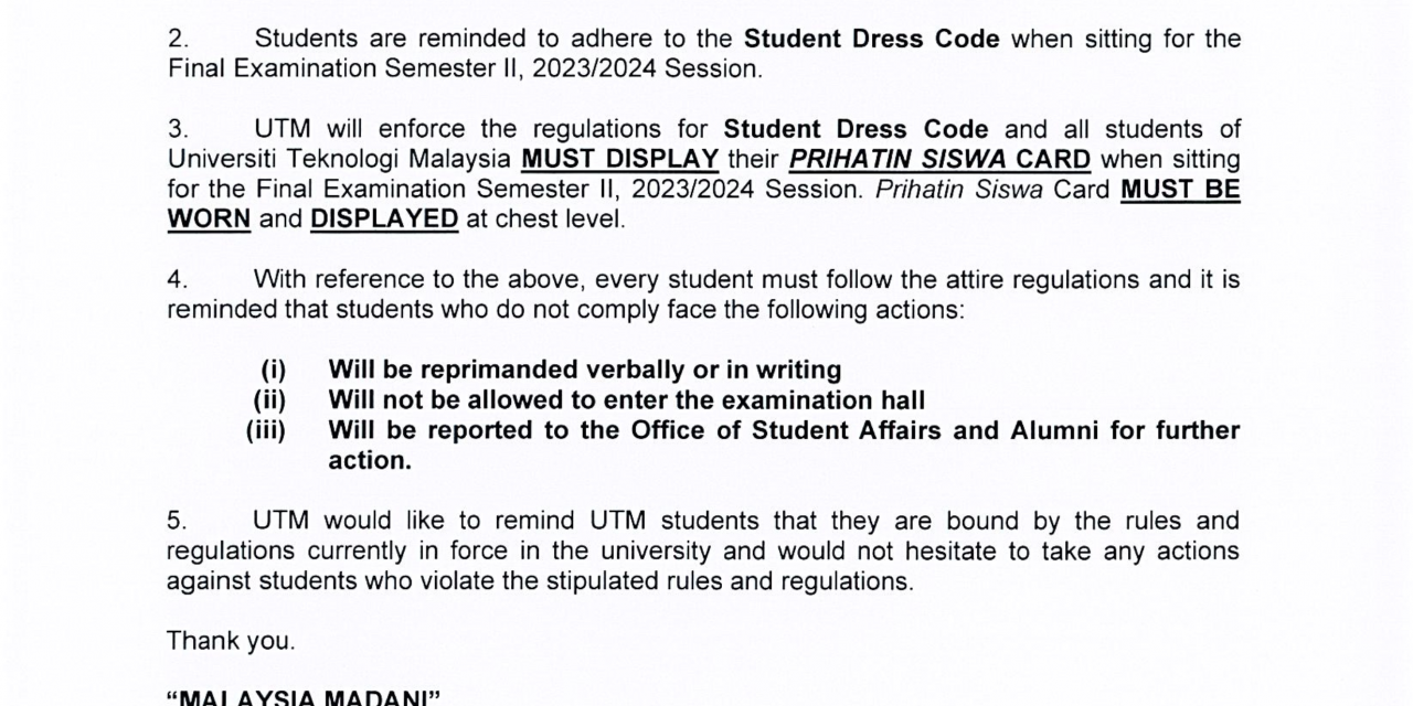 ENFORCEMENT OF STUDENT DRESS CODE AND DISPLAYING PRIHATIN SISWA CARD DURING FINAL EXAMINATION