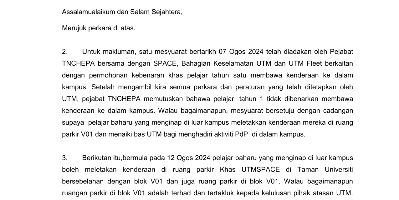 MEMO – PEMAKLUMAN PENGANGKUTAN PELAJAR LUAR KAMPUS KE SESI PENGKULIAHAN